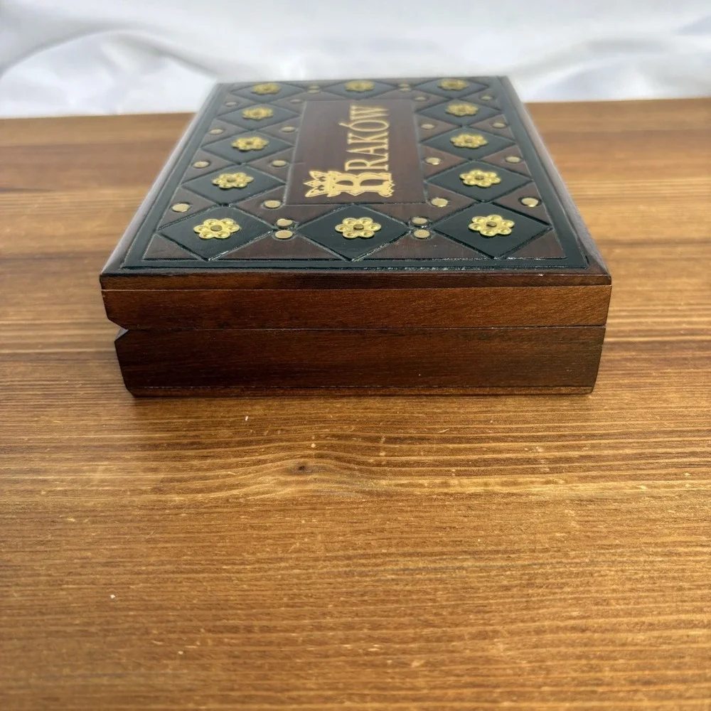 Vintage Kraków Poland Wooden Trinket Jewelry Box Gold Tone Metal Accent Souvenir